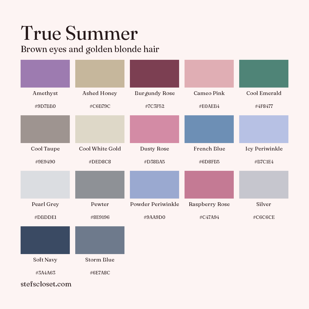 True Summer palette: 17 colors, Amethyst, Ashed Honey, Burgundy Rose, and more, each with its hex code.