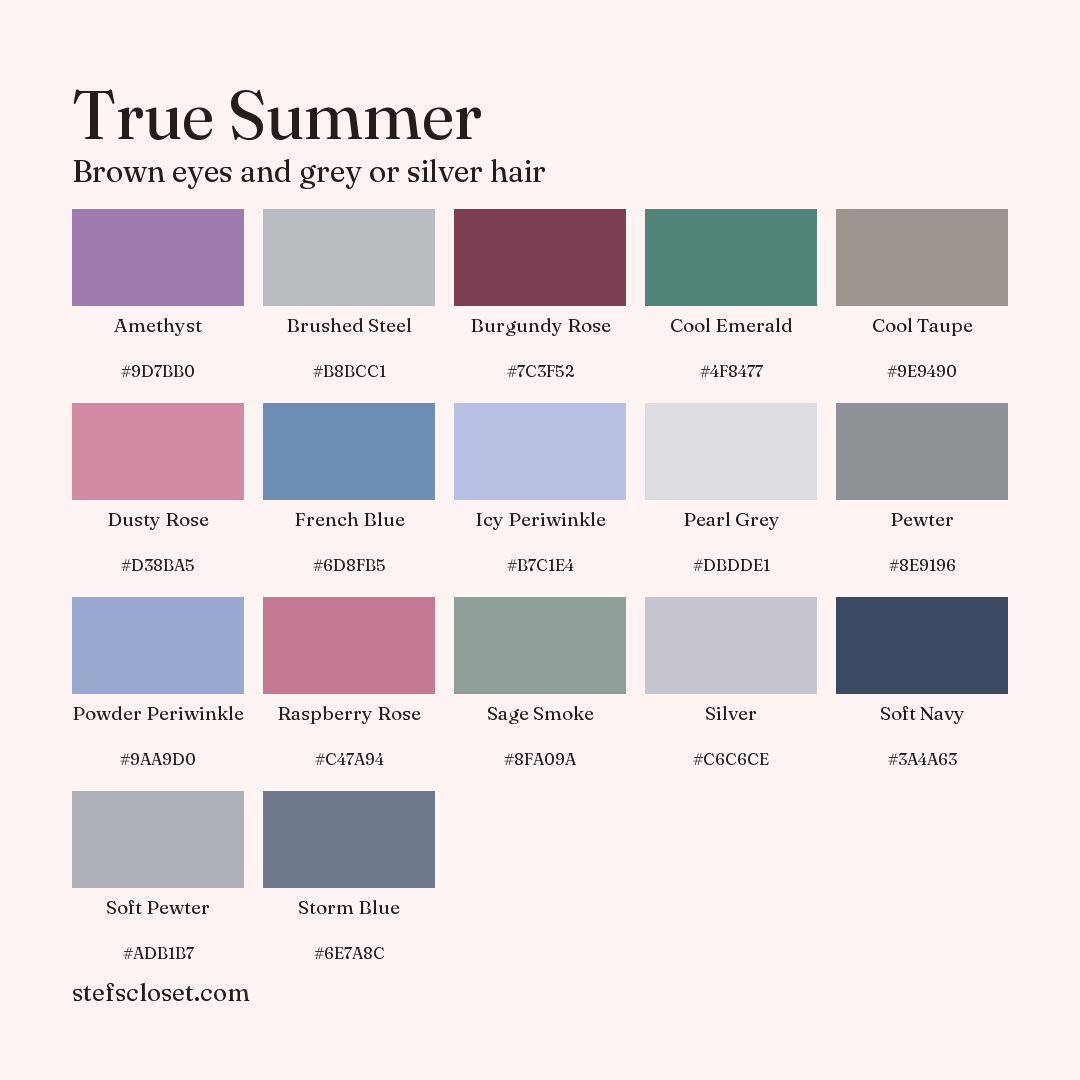 True Summer palette: 17 colors, Amethyst, Brushed Steel, Burgundy Rose, and more, each with its hex code.