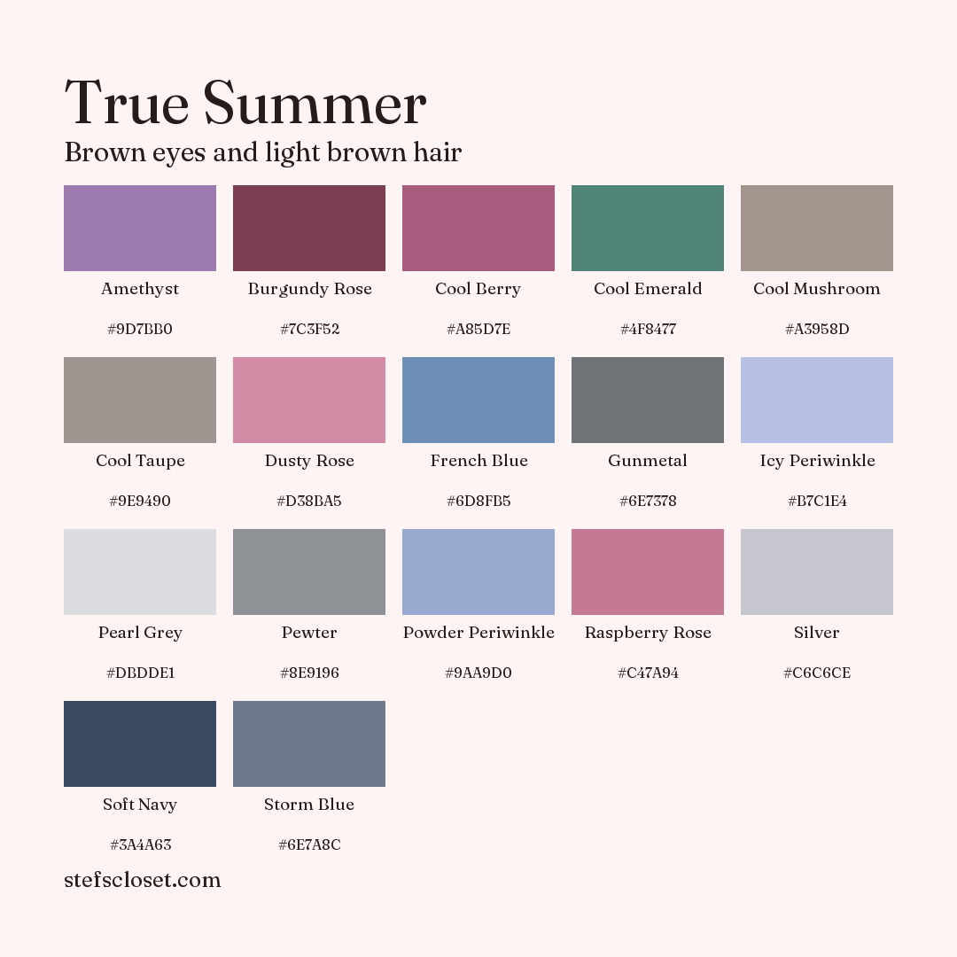 True Summer palette: 17 colors, Amethyst, Burgundy Rose, Cool Berry, and more, each with its hex code.