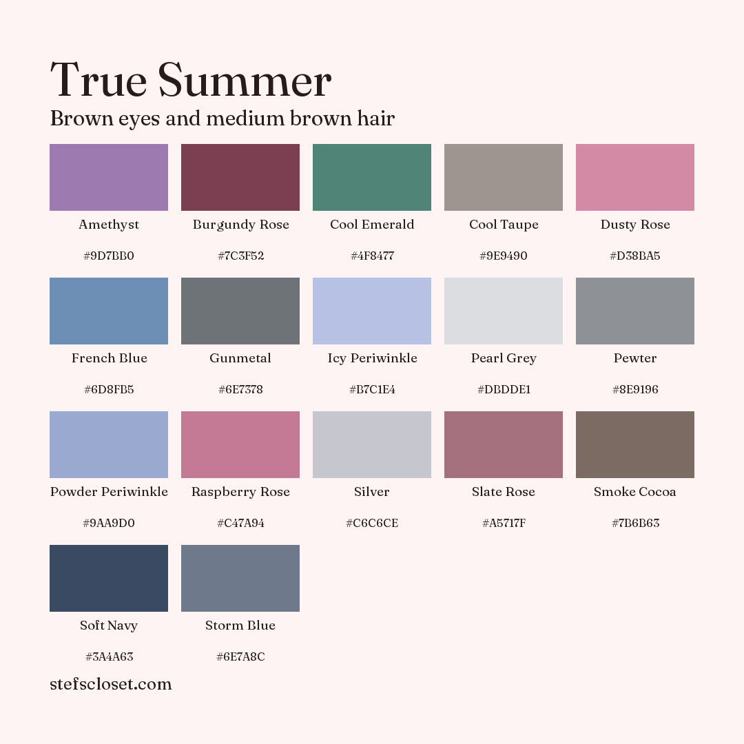 True Summer palette: 17 colors, Amethyst, Burgundy Rose, Cool Emerald, and more, each with its hex code.