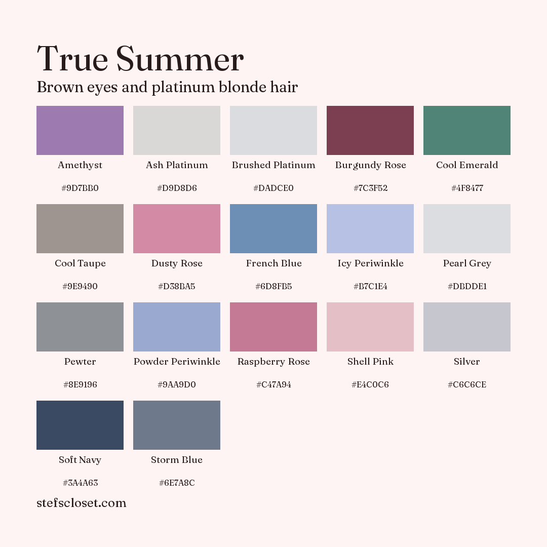 True Summer palette: 17 colors, Amethyst, Ash Platinum, Brushed Platinum, and more, each with its hex code.