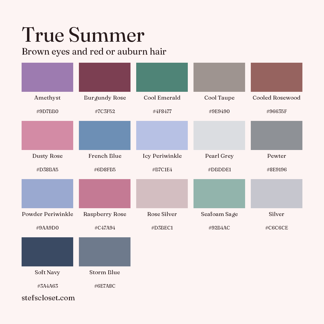 True Summer palette: 17 colors, Amethyst, Burgundy Rose, Cool Emerald, and more, each with its hex code.
