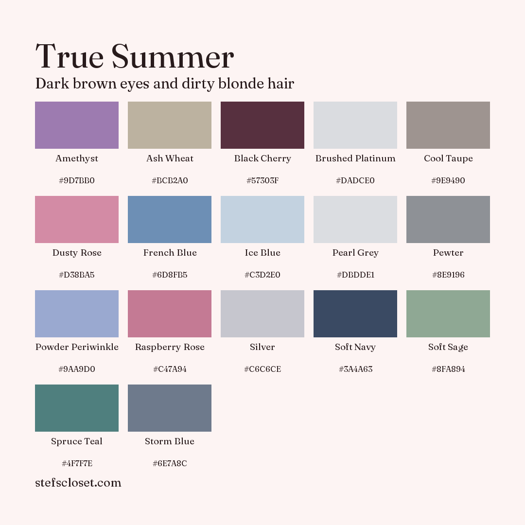 True Summer palette: 17 colors, Amethyst, Ash Wheat, Black Cherry, and more, each with its hex code.
