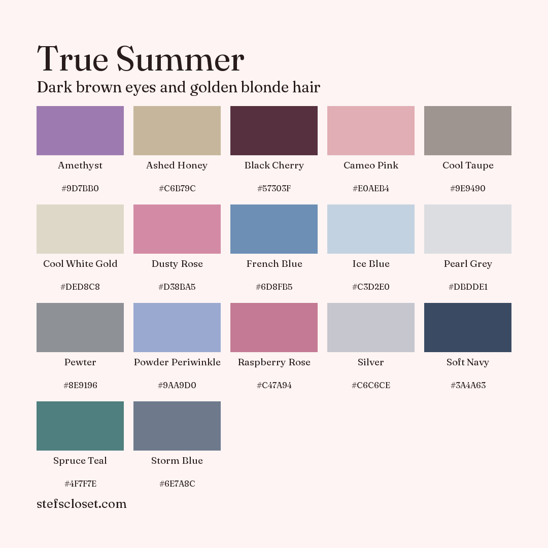 True Summer palette: 17 colors, Amethyst, Ashed Honey, Black Cherry, and more, each with its hex code.