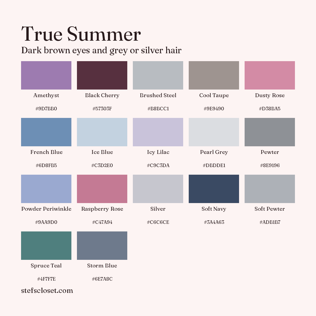 True Summer palette: 17 colors, Amethyst, Black Cherry, Brushed Steel, and more, each with its hex code.