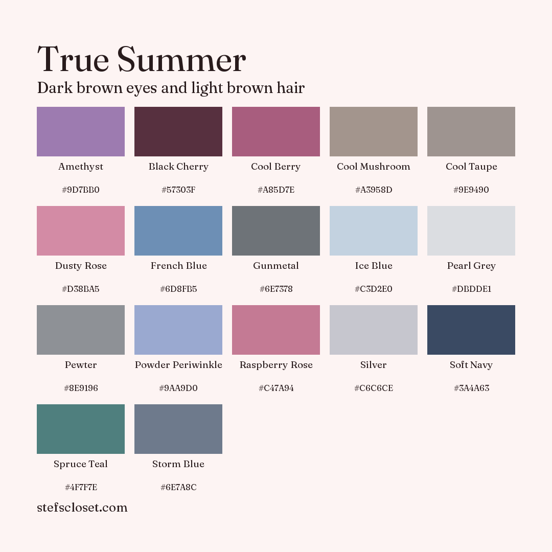 True Summer palette: 17 colors, Amethyst, Black Cherry, Cool Berry, and more, each with its hex code.