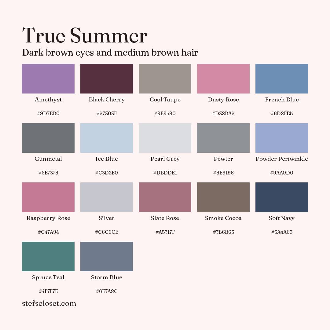 True Summer palette: 17 colors, Amethyst, Black Cherry, Cool Taupe, and more, each with its hex code.