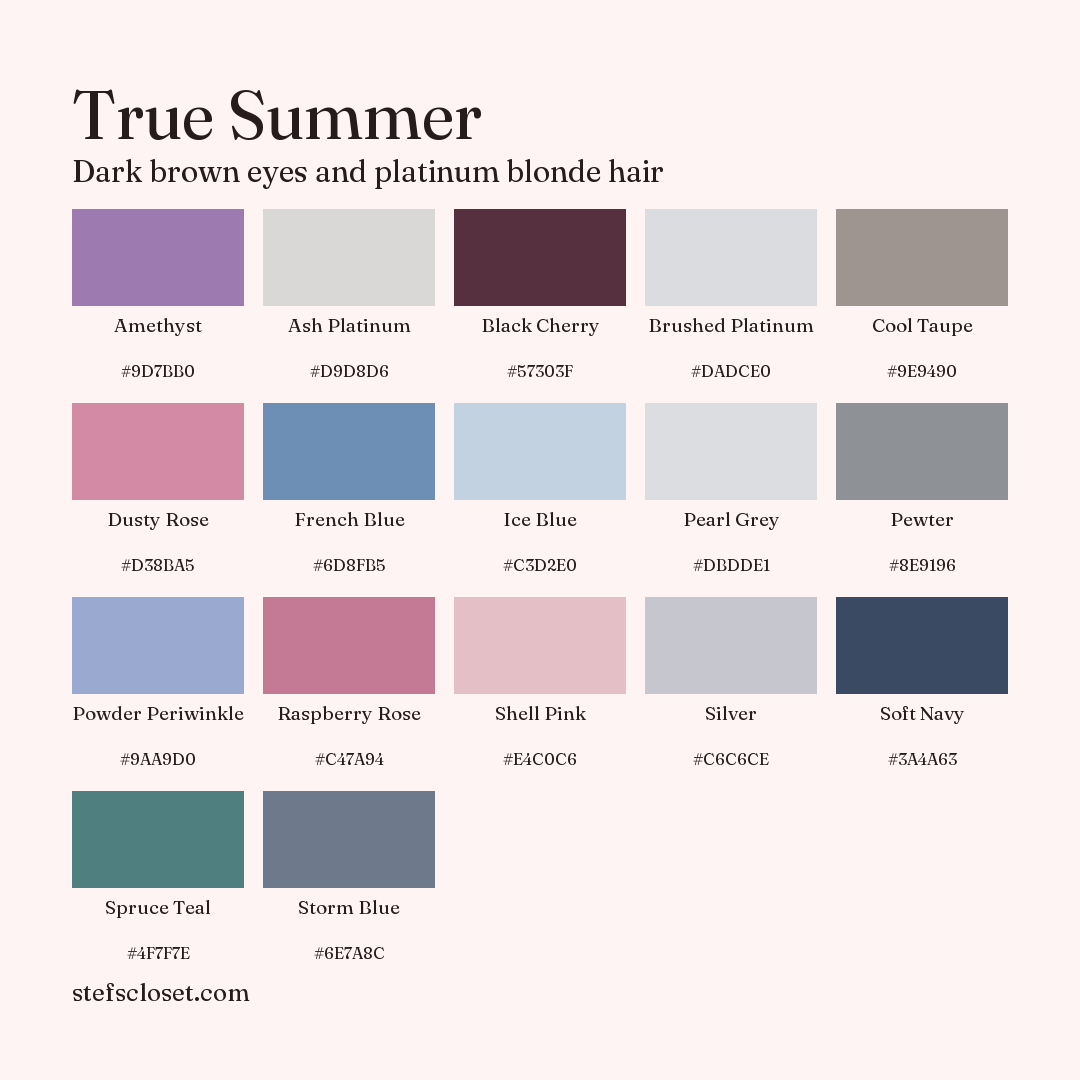 True Summer palette: 17 colors, Amethyst, Ash Platinum, Black Cherry, and more, each with its hex code.