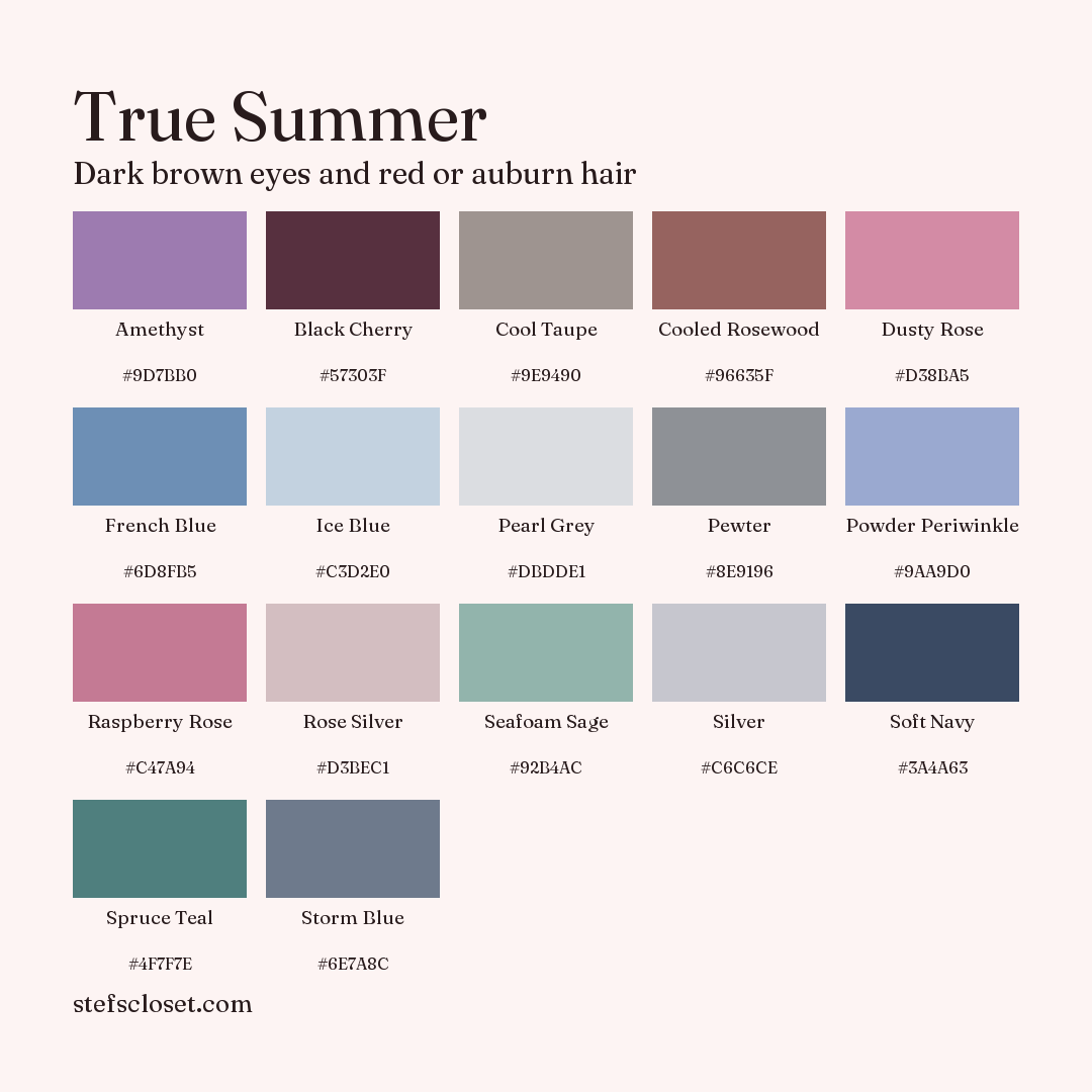 True Summer palette: 17 colors, Amethyst, Black Cherry, Cool Taupe, and more, each with its hex code.