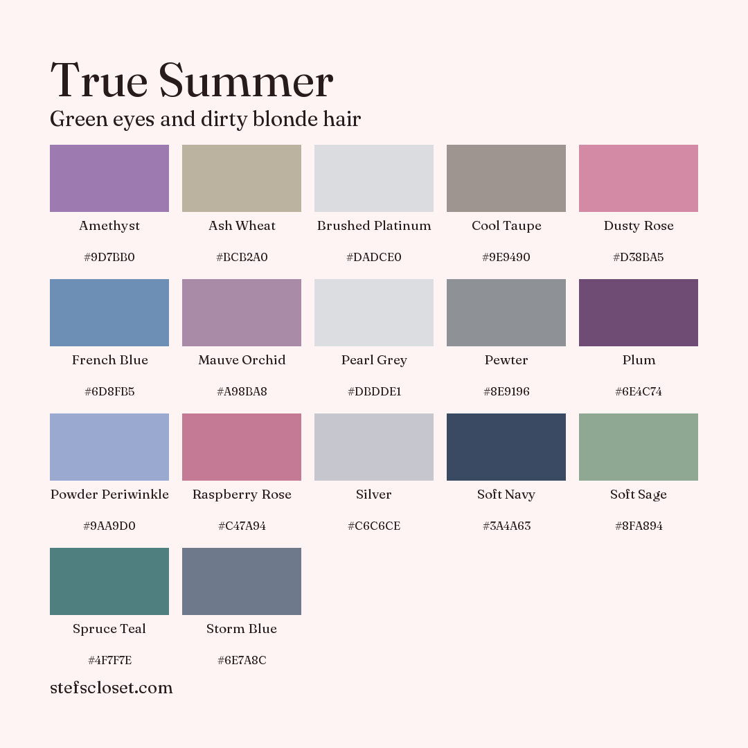 True Summer palette: 17 colors, Amethyst, Ash Wheat, Brushed Platinum, and more, each with its hex code.