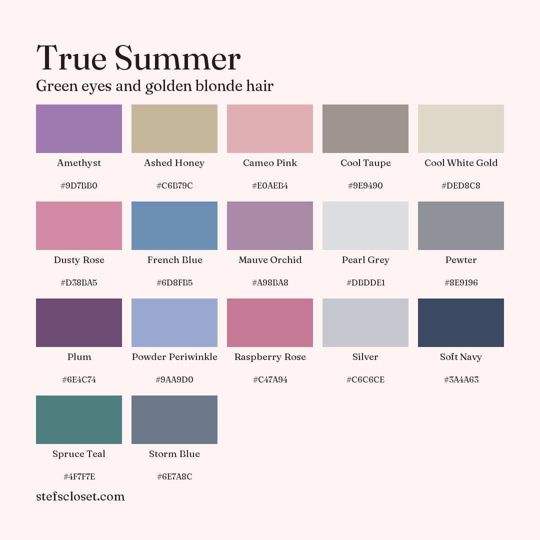 True Summer palette: 17 colors, Amethyst, Ashed Honey, Cameo Pink, and more, each with its hex code.