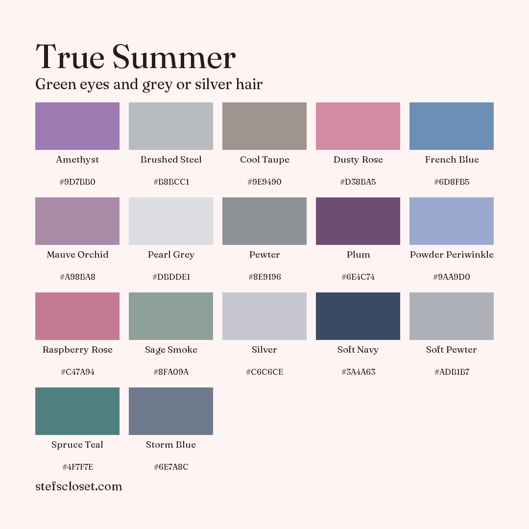 True Summer palette: 17 colors, Amethyst, Brushed Steel, Cool Taupe, and more, each with its hex code.