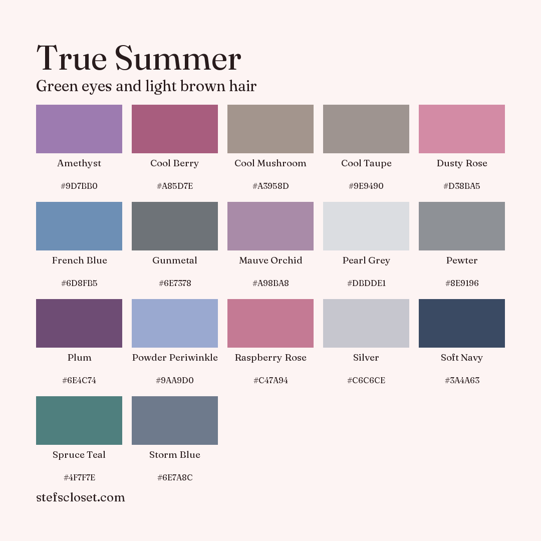 True Summer palette: 17 colors, Amethyst, Cool Berry, Cool Mushroom, and more, each with its hex code.
