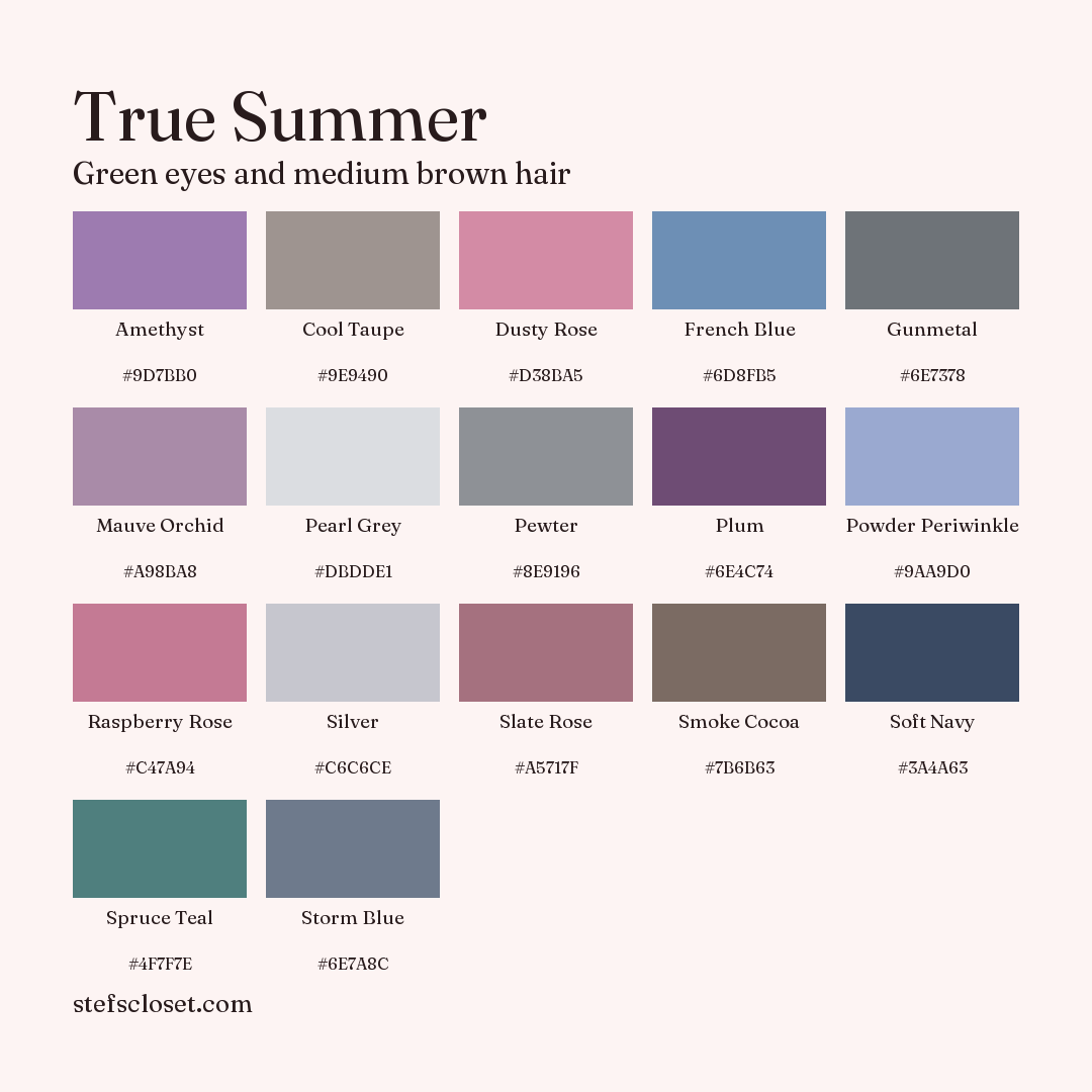 True Summer palette: 17 colors, Amethyst, Cool Taupe, Dusty Rose, and more, each with its hex code.