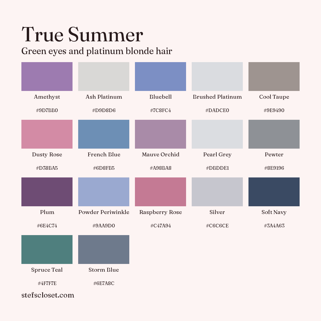 True Summer palette: 17 colors, Amethyst, Ash Platinum, Bluebell, and more, each with its hex code.