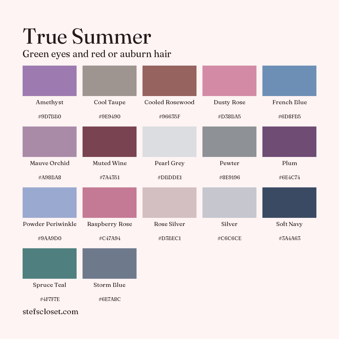 True Summer palette: 17 colors, Amethyst, Cool Taupe, Cooled Rosewood, and more, each with its hex code.