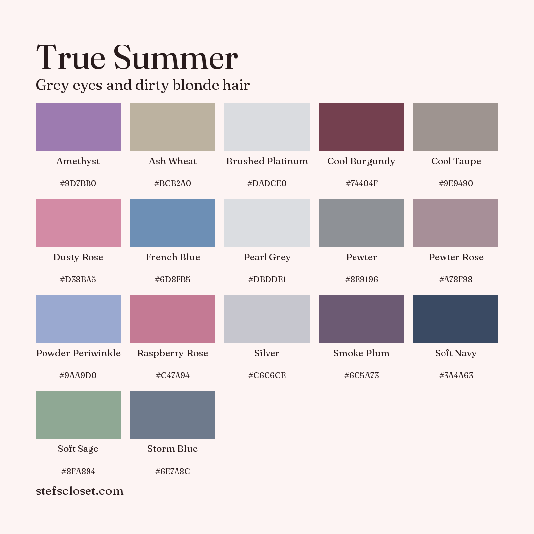 True Summer palette: 17 colors, Amethyst, Ash Wheat, Brushed Platinum, and more, each with its hex code.