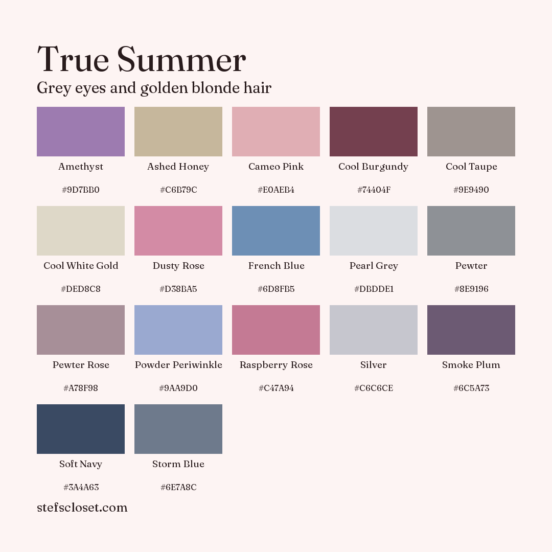 True Summer palette: 17 colors, Amethyst, Ashed Honey, Cameo Pink, and more, each with its hex code.