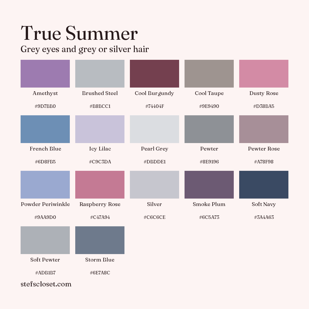 True Summer palette: 17 colors, Amethyst, Brushed Steel, Cool Burgundy, and more, each with its hex code.