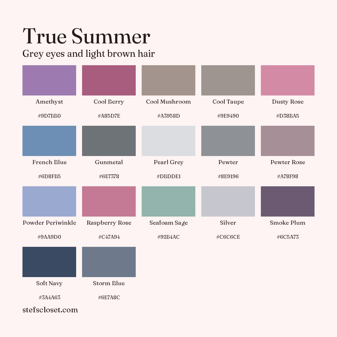 True Summer palette: 17 colors, Amethyst, Cool Berry, Cool Mushroom, and more, each with its hex code.