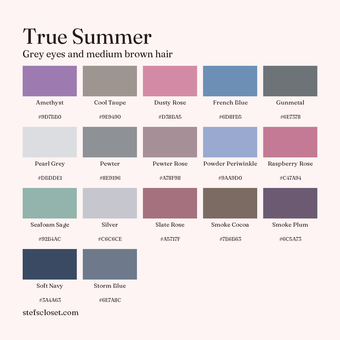 True Summer palette: 17 colors, Amethyst, Cool Taupe, Dusty Rose, and more, each with its hex code.