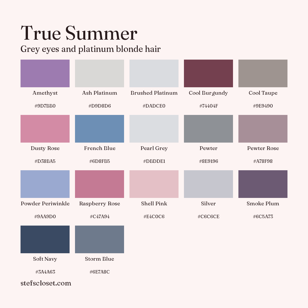 True Summer palette: 17 colors, Amethyst, Ash Platinum, Brushed Platinum, and more, each with its hex code.
