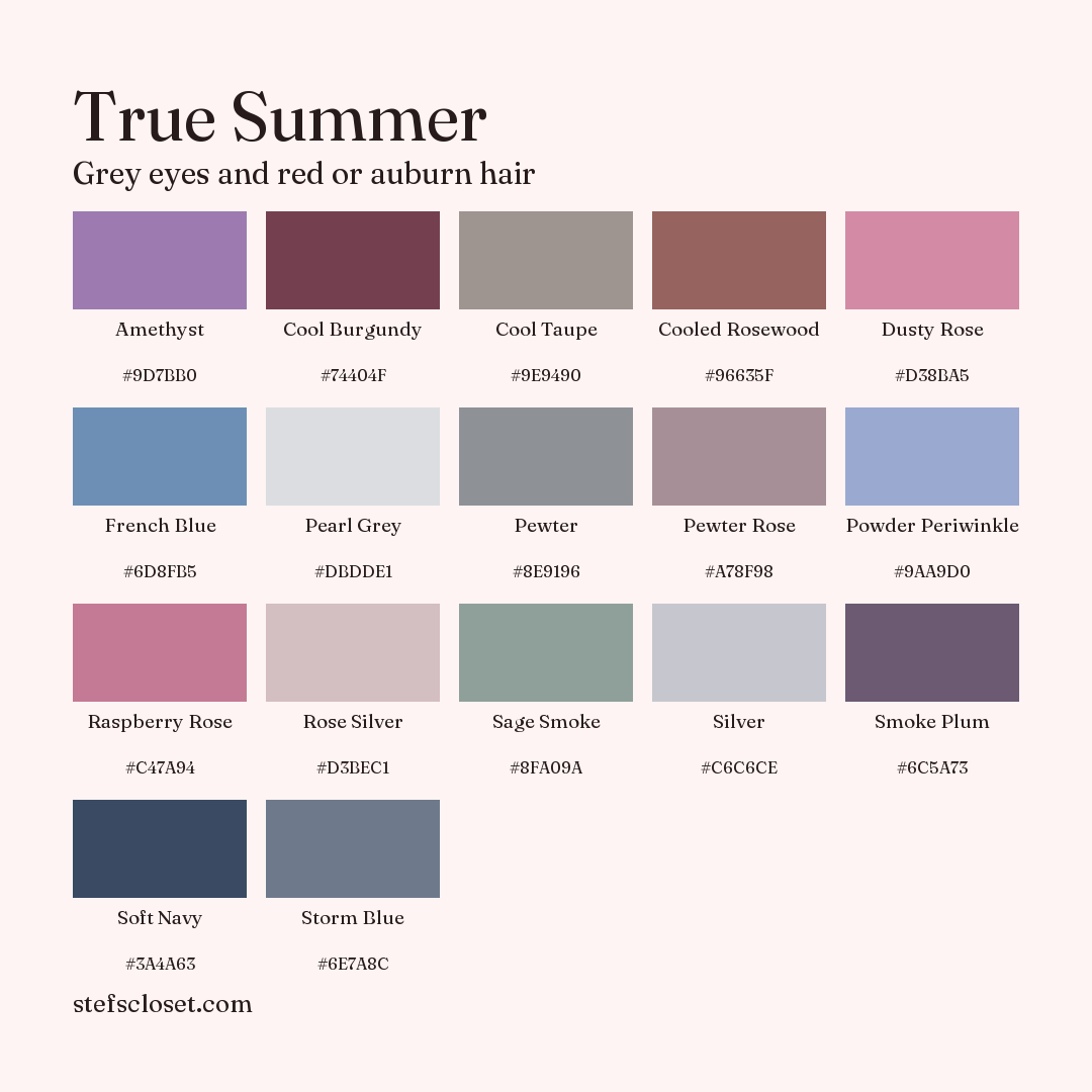 True Summer palette: 17 colors, Amethyst, Cool Burgundy, Cool Taupe, and more, each with its hex code.
