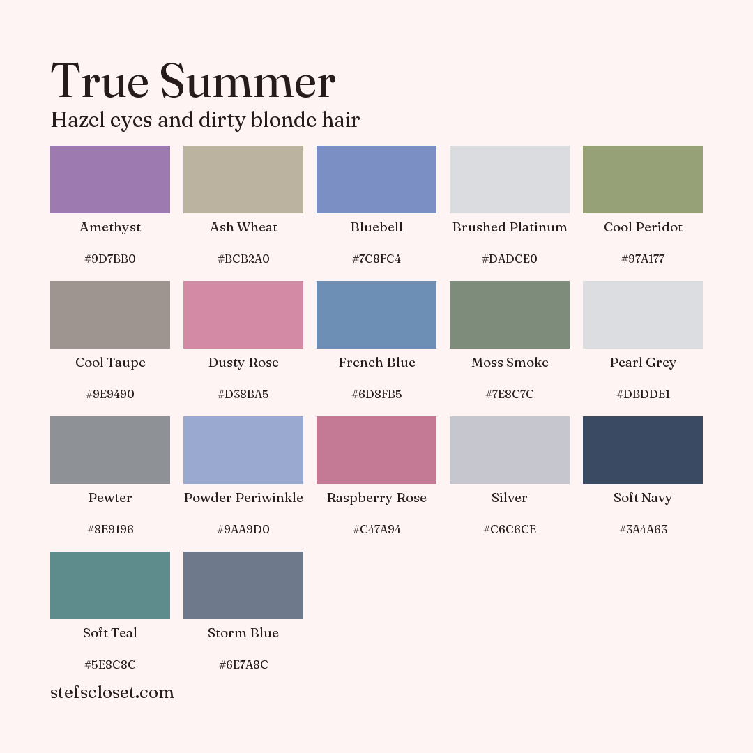 True Summer palette: 17 colors, Amethyst, Ash Wheat, Bluebell, and more, each with its hex code.