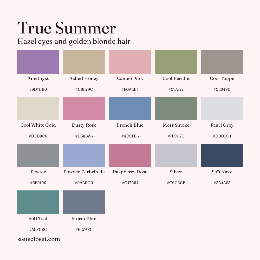 True Summer palette: 17 colors, Amethyst, Ashed Honey, Cameo Pink, and more, each with its hex code.
