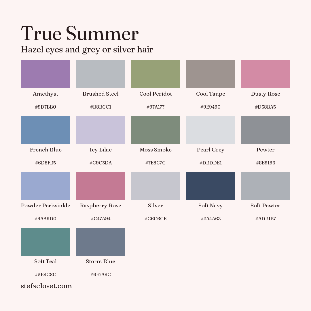 True Summer palette: 17 colors, Amethyst, Brushed Steel, Cool Peridot, and more, each with its hex code.