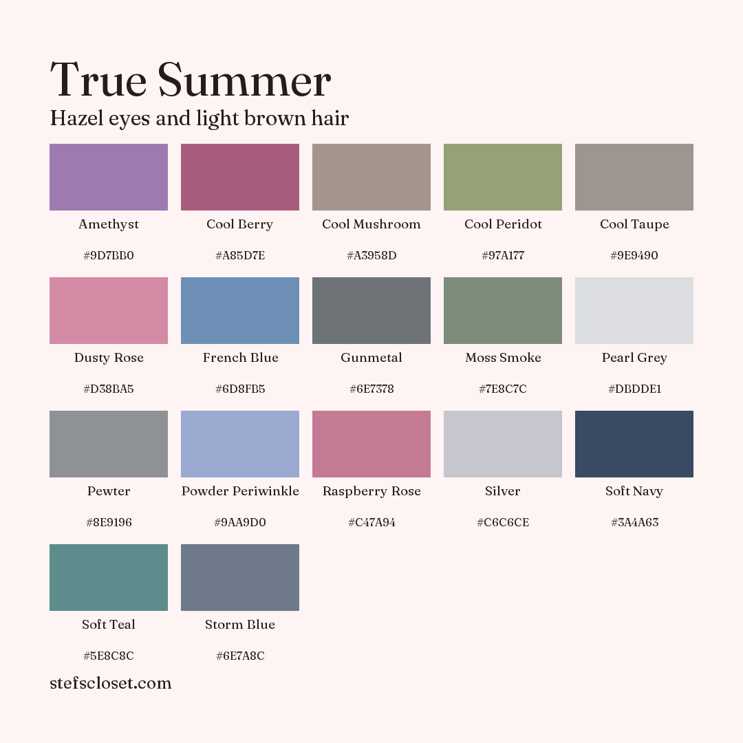 True Summer palette: 17 colors, Amethyst, Cool Berry, Cool Mushroom, and more, each with its hex code.