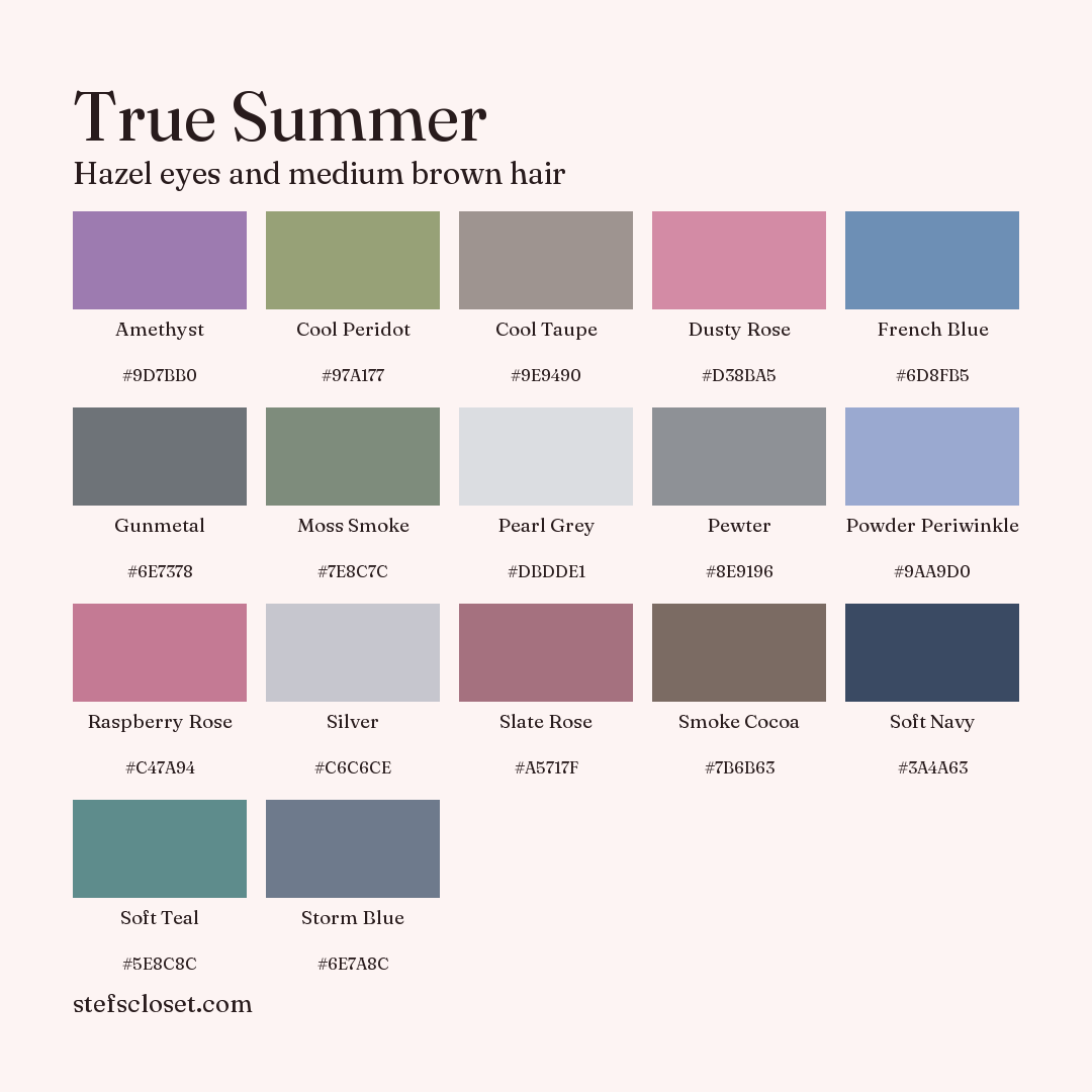 True Summer palette: 17 colors, Amethyst, Cool Peridot, Cool Taupe, and more, each with its hex code.