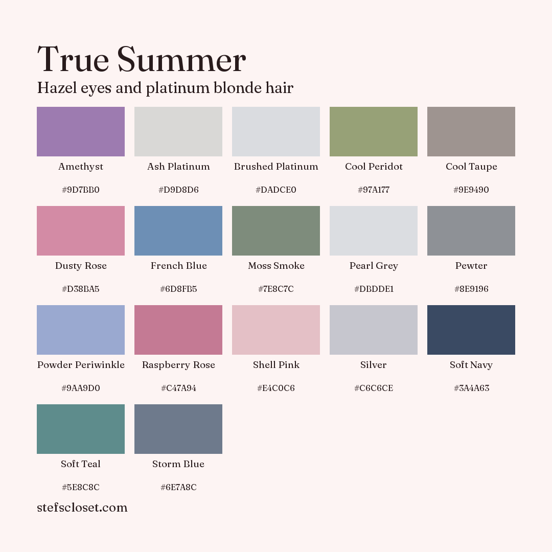 True Summer palette: 17 colors, Amethyst, Ash Platinum, Brushed Platinum, and more, each with its hex code.