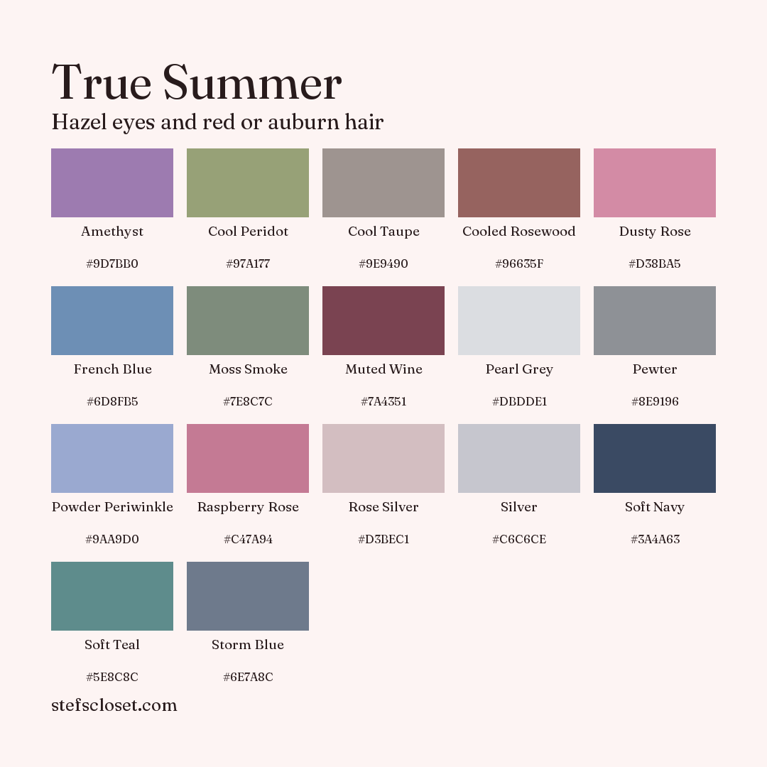 True Summer palette: 17 colors, Amethyst, Cool Peridot, Cool Taupe, and more, each with its hex code.