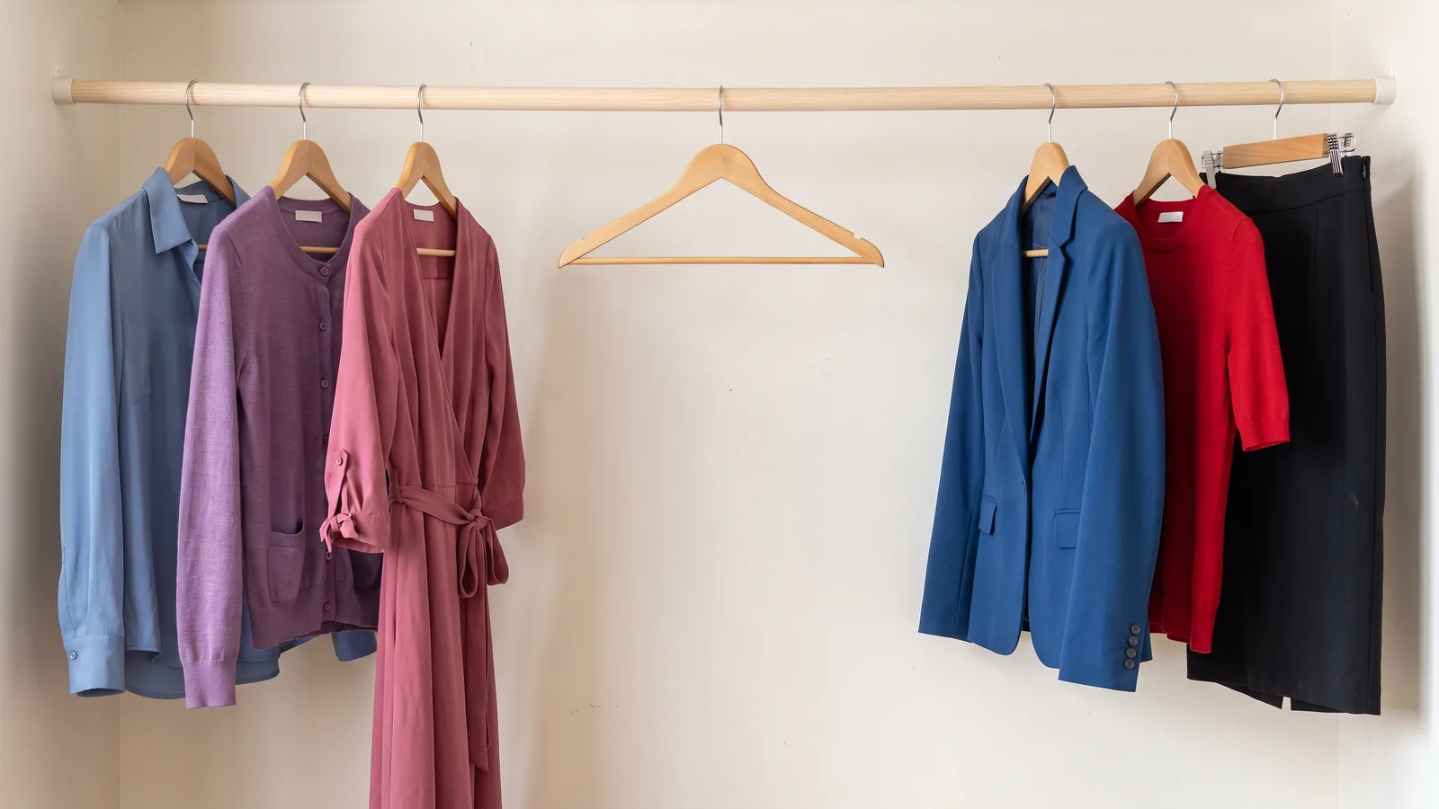 A wooden closet rail with a blue blouse, a purple cardigan and a pink wrap dress on the left, a blue blazer, a red knit top and a black skirt on the right, and one empty wooden hanger in the gap between them.