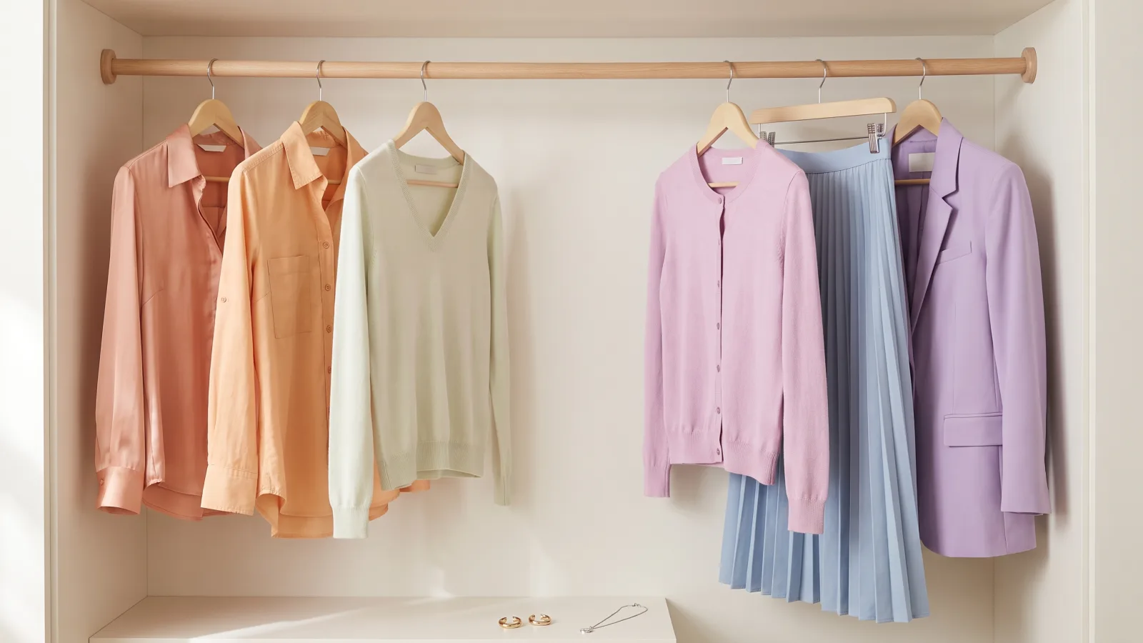 Six pale garments on a wooden closet rail with a gap in the middle, a peach blouse, an apricot shirt and a cream knit top on the left, then a lilac pink cardigan, a powder blue pleated skirt and a wisteria jacket on the right.