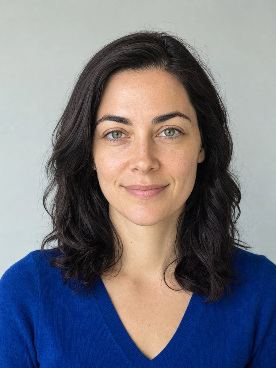 A woman with dark brown hair, clear green eyes and a cobalt-blue top.