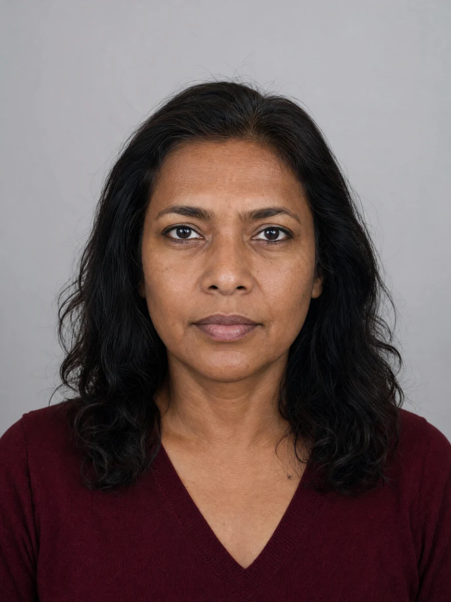 A woman with medium-deep brown skin, espresso-brown hair, dark brown eyes and a burgundy knit top.