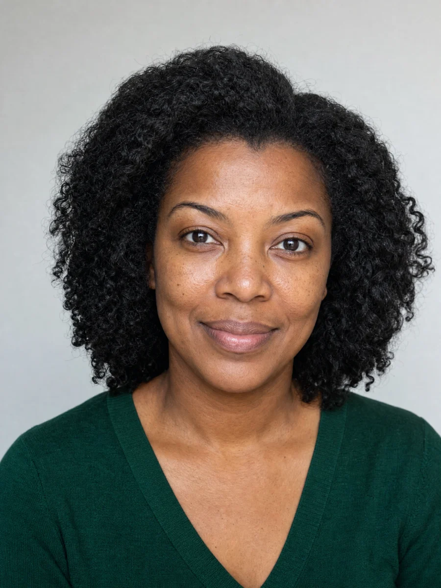 A woman with brown skin, very dark curly hair, dark brown eyes and a pine-green top.