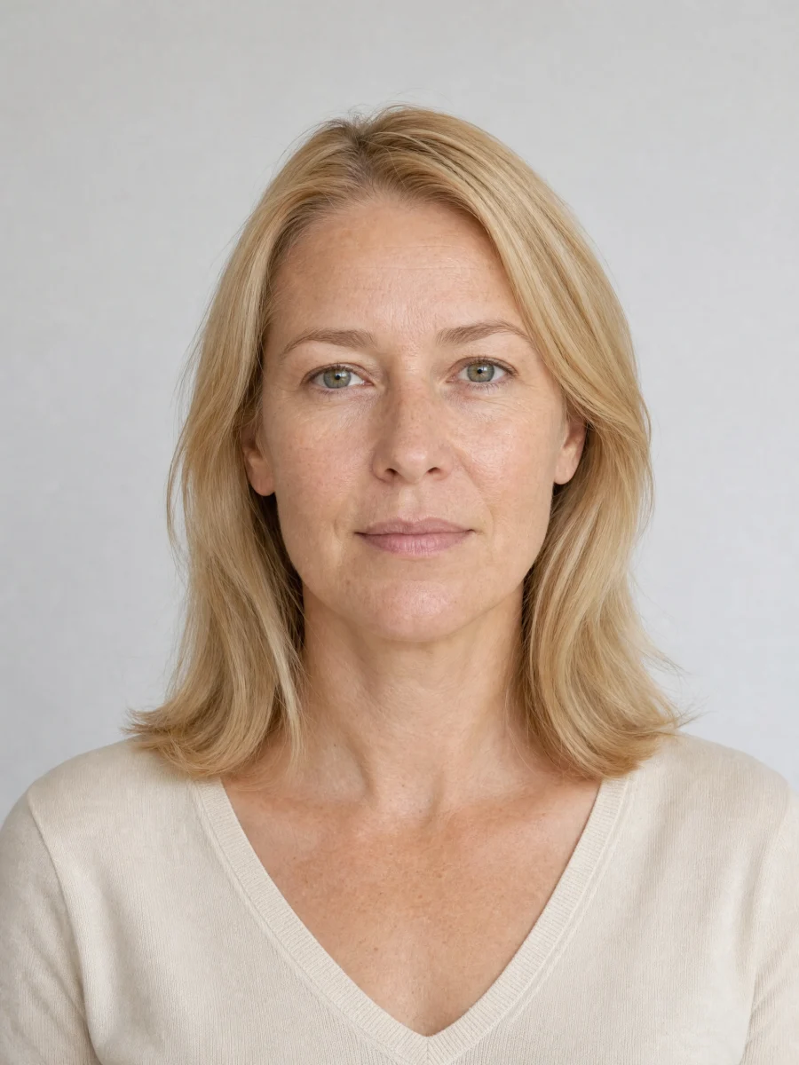 A woman with golden blonde hair, green eyes and a cream knit top.