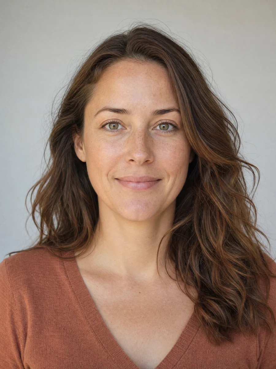 A woman with warm brown hair, muted hazel eyes and a terracotta knit top.