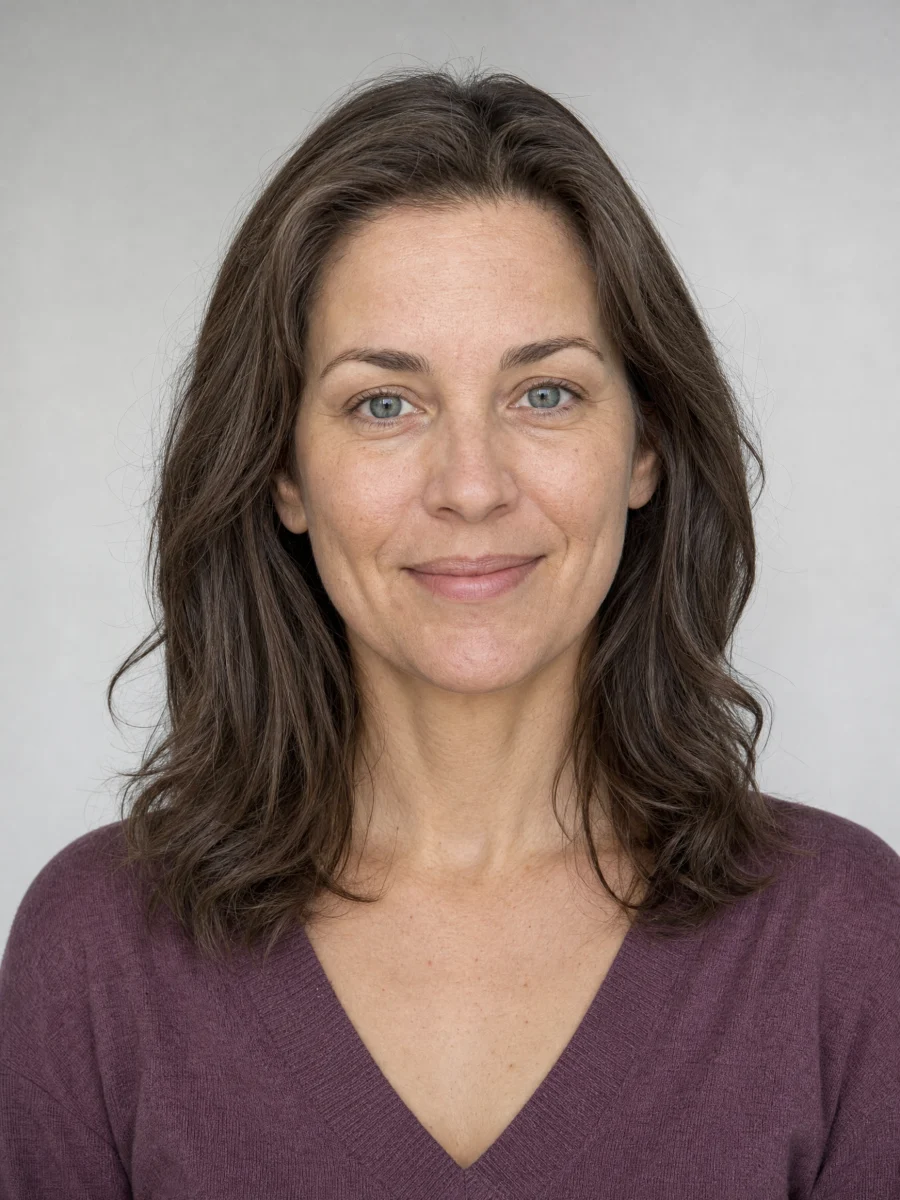 A woman with ash-brown hair, gray-blue eyes and a dusty plum knit top.