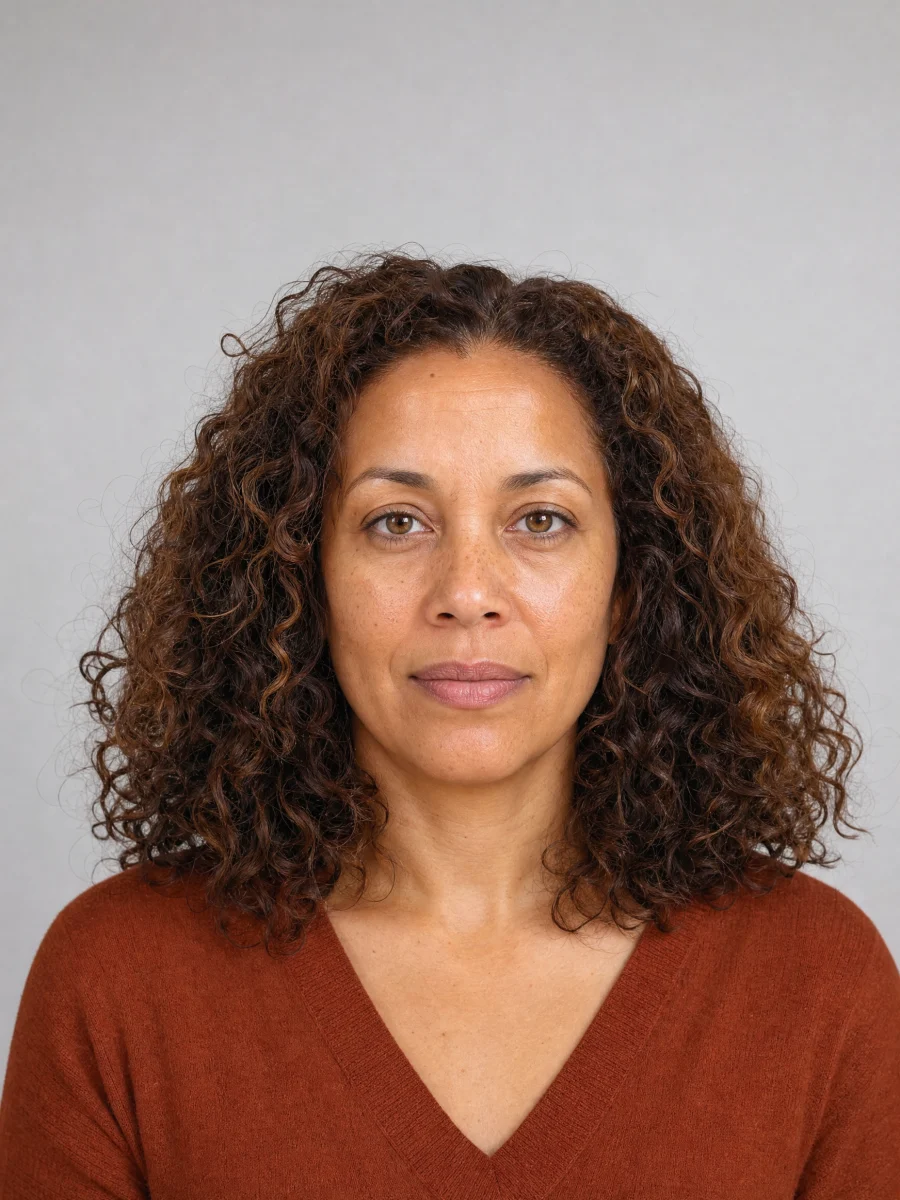 A woman with warm brown curly hair, brown eyes and a rust knit top.