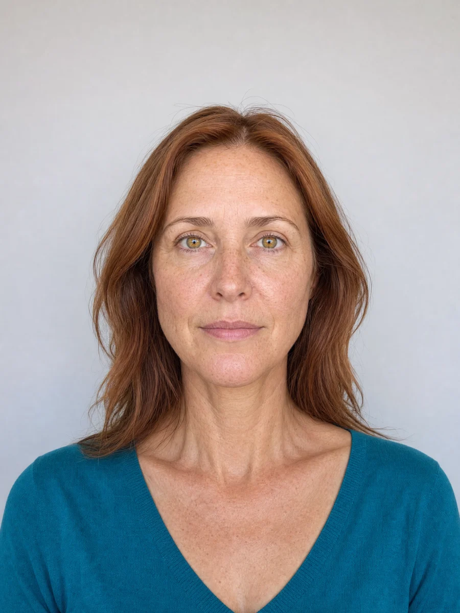 A woman with auburn hair, freckled skin, golden hazel eyes and a fresh teal knit top.