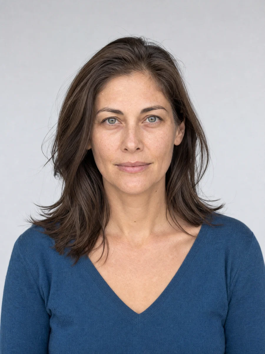 A woman with medium beige skin, cool ash-brown hair, smoky gray-green eyes and a French blue knit top.