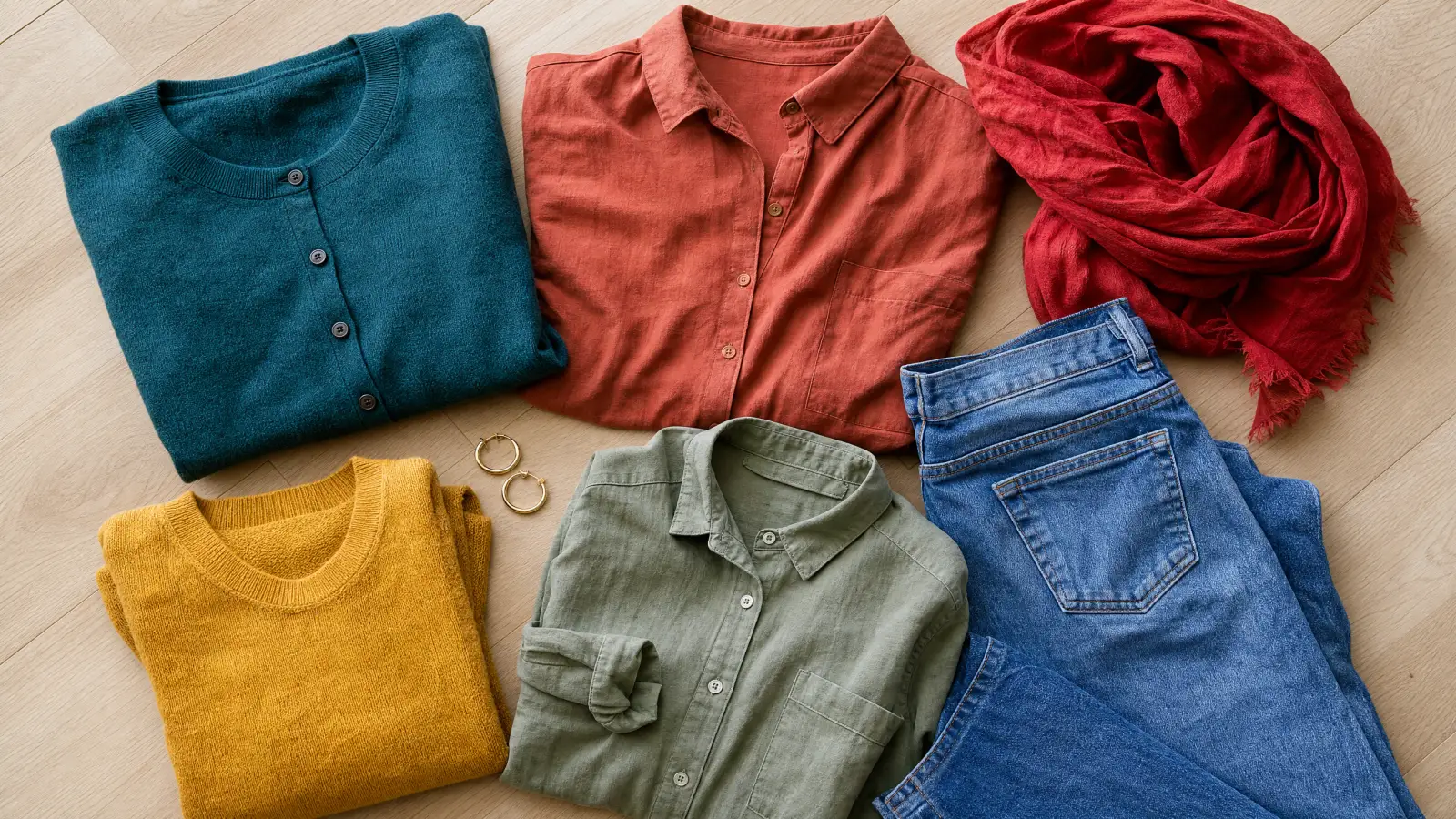 Folded teal, terracotta, red, mustard and sage clothes with blue denim and small gold hoops.