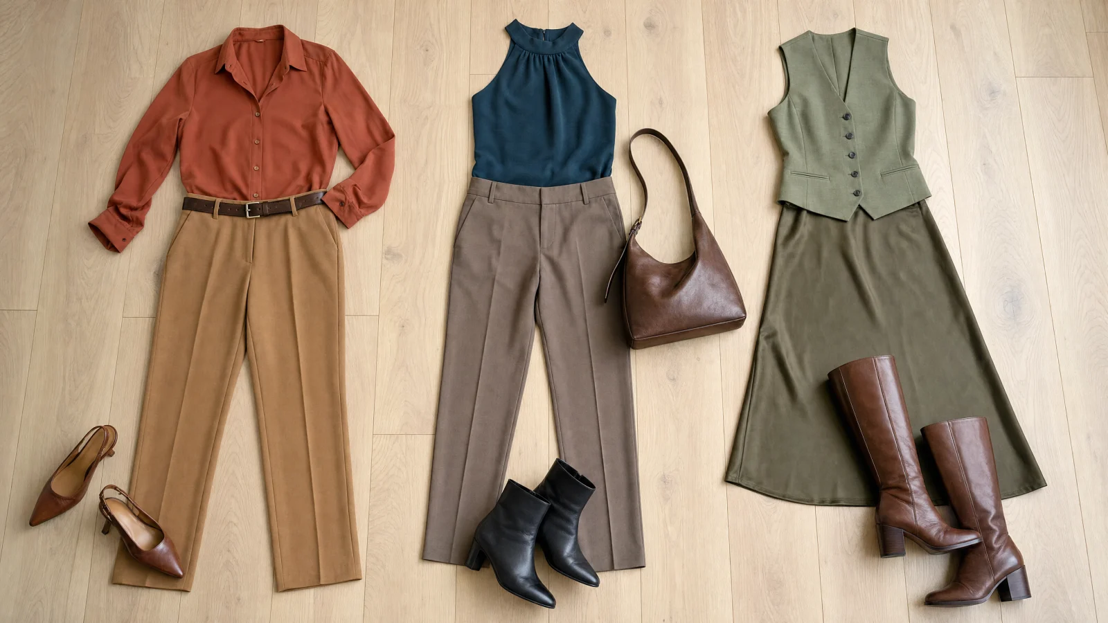 Three outfit examples: a terracotta button blouse with camel trousers, a teal halter top with taupe trousers, and a sage waistcoat with an olive midi skirt, styled with leather shoes and a bag.