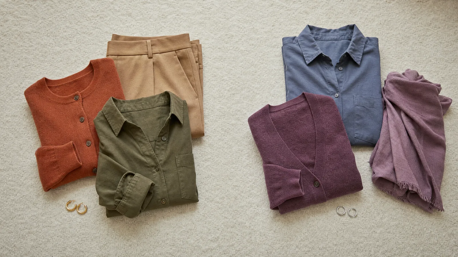 Folded terracotta, camel and olive clothes beside smoky blue, dusty plum and mauve clothes, with gold and silver hoops.