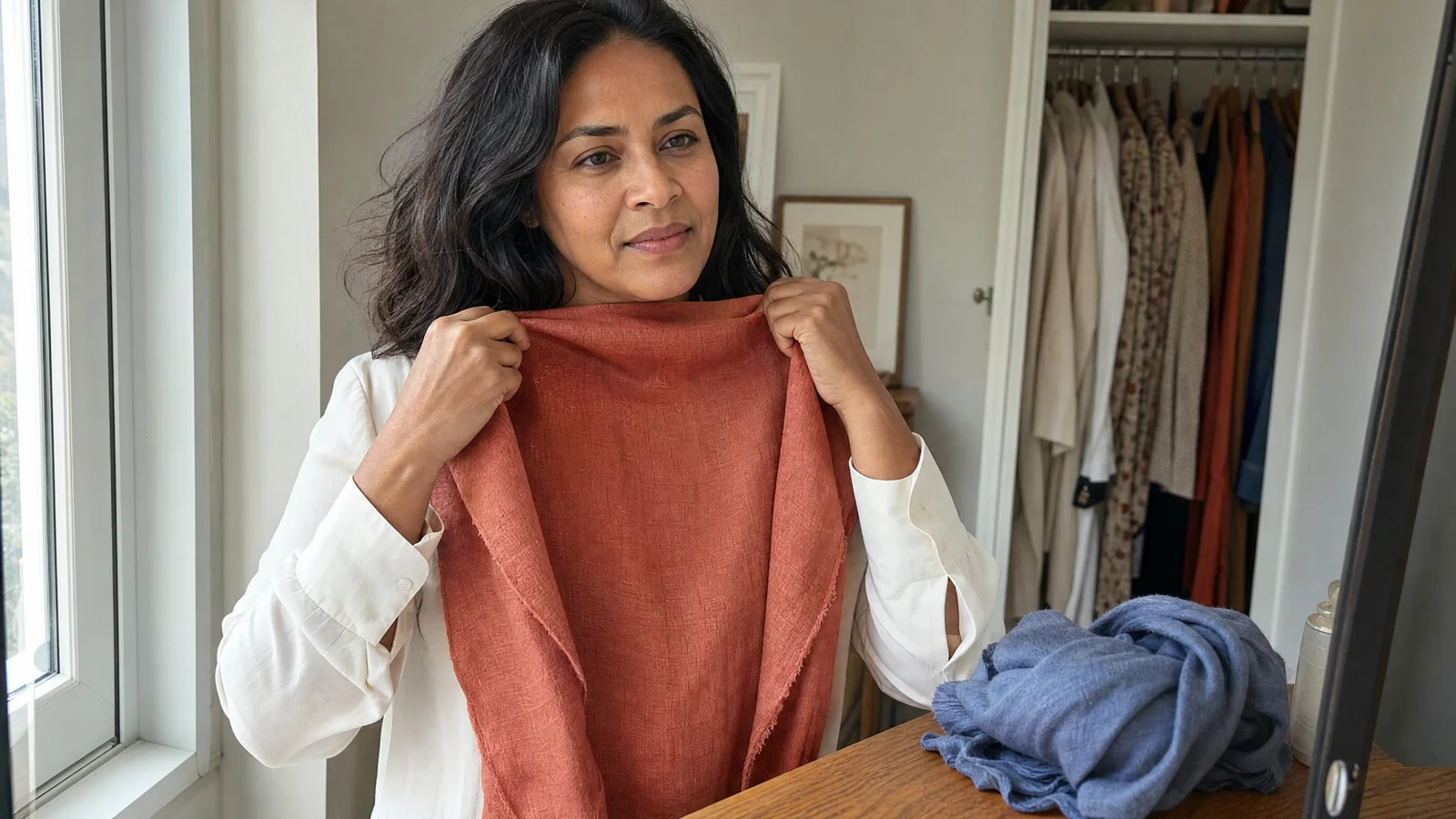 A woman holds terracotta fabric beneath her chin in soft window light, with folded slate blue fabric ready to try next.