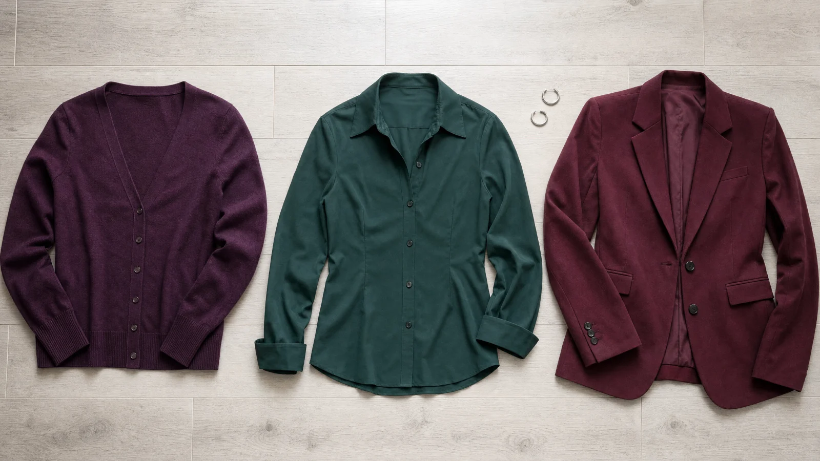 Three wearable garments laid side by side in Blackberry, Pine, Oxblood.
